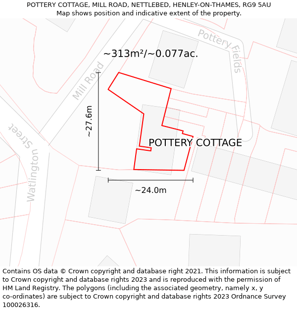 POTTERY COTTAGE, MILL ROAD, NETTLEBED, HENLEY-ON-THAMES, RG9 5AU: Plot and title map