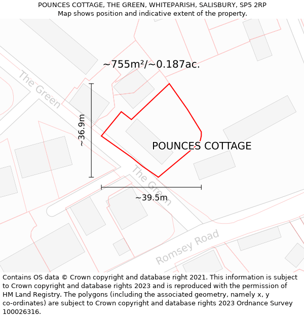 POUNCES COTTAGE, THE GREEN, WHITEPARISH, SALISBURY, SP5 2RP: Plot and title map