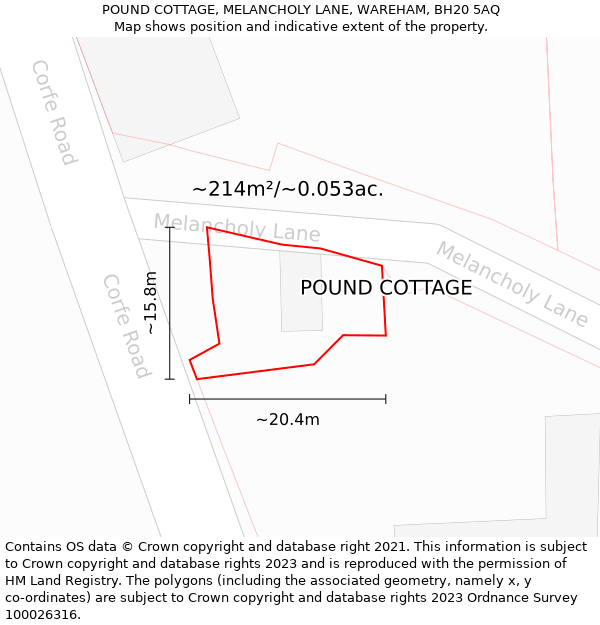 POUND COTTAGE, MELANCHOLY LANE, WAREHAM, BH20 5AQ: Plot and title map