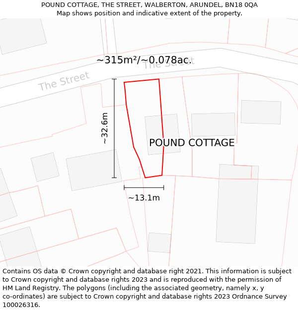 POUND COTTAGE, THE STREET, WALBERTON, ARUNDEL, BN18 0QA: Plot and title map
