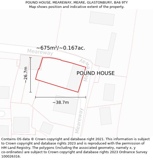 POUND HOUSE, MEAREWAY, MEARE, GLASTONBURY, BA6 9TY: Plot and title map