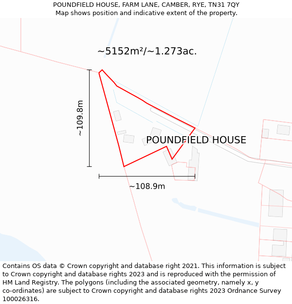 POUNDFIELD HOUSE, FARM LANE, CAMBER, RYE, TN31 7QY: Plot and title map