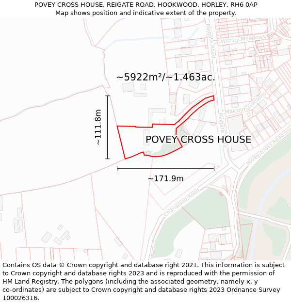 POVEY CROSS HOUSE, REIGATE ROAD, HOOKWOOD, HORLEY, RH6 0AP: Plot and title map