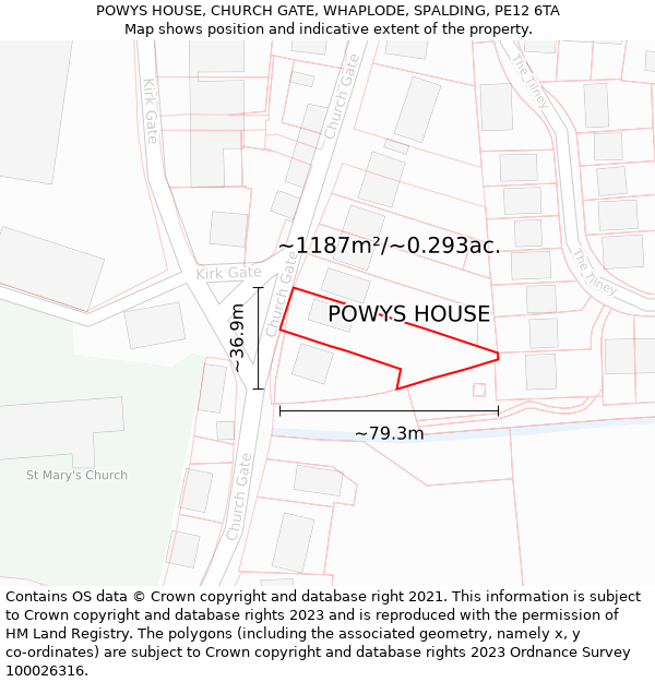POWYS HOUSE, CHURCH GATE, WHAPLODE, SPALDING, PE12 6TA: Plot and title map