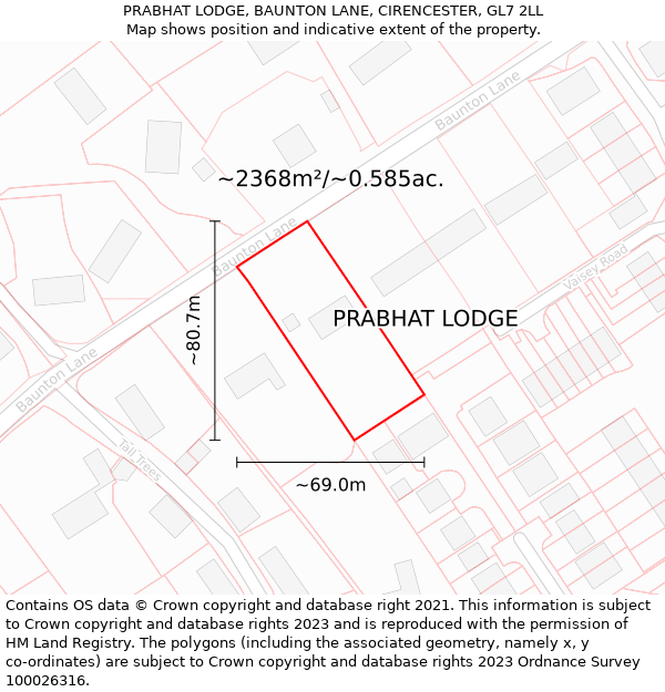 PRABHAT LODGE, BAUNTON LANE, CIRENCESTER, GL7 2LL: Plot and title map