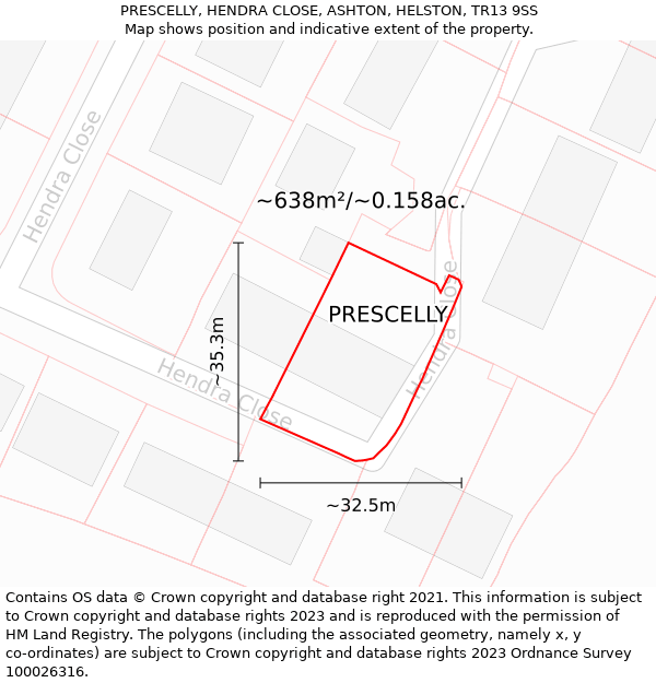 PRESCELLY, HENDRA CLOSE, ASHTON, HELSTON, TR13 9SS: Plot and title map