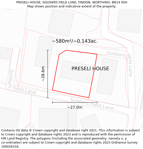 PRESELI HOUSE, SOLDIERS FIELD LANE, FINDON, WORTHING, BN14 0SH: Plot and title map