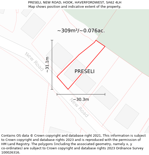 PRESELI, NEW ROAD, HOOK, HAVERFORDWEST, SA62 4LH: Plot and title map