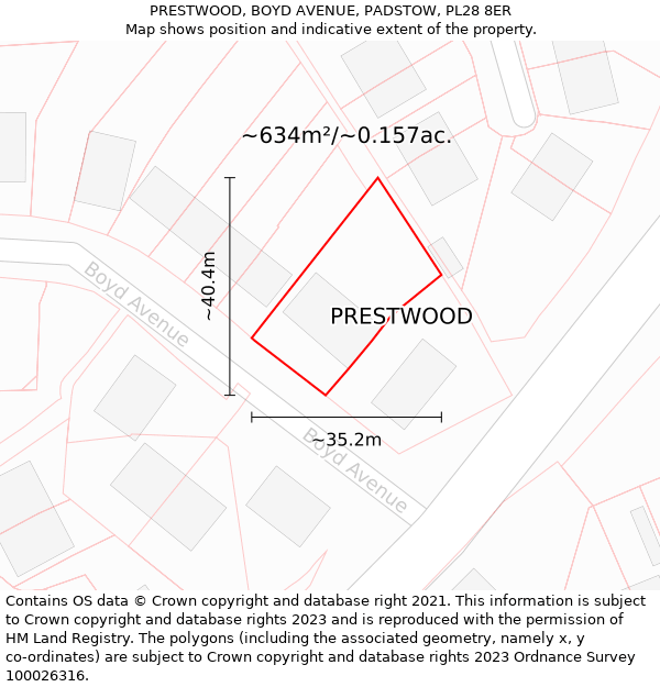 PRESTWOOD, BOYD AVENUE, PADSTOW, PL28 8ER: Plot and title map