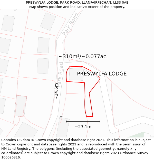 PRESWYLFA LODGE, PARK ROAD, LLANFAIRFECHAN, LL33 0AE: Plot and title map