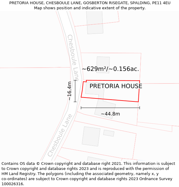 PRETORIA HOUSE, CHESBOULE LANE, GOSBERTON RISEGATE, SPALDING, PE11 4EU: Plot and title map
