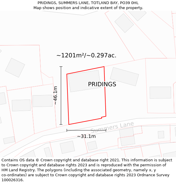 PRIDINGS, SUMMERS LANE, TOTLAND BAY, PO39 0HL: Plot and title map