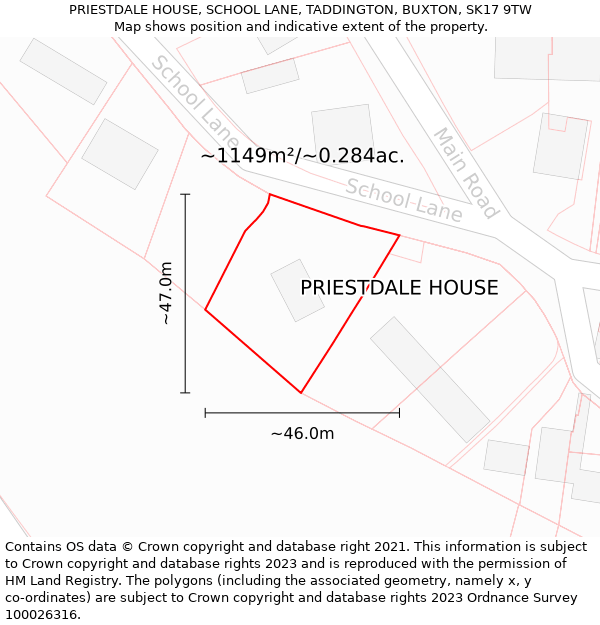 PRIESTDALE HOUSE, SCHOOL LANE, TADDINGTON, BUXTON, SK17 9TW: Plot and title map