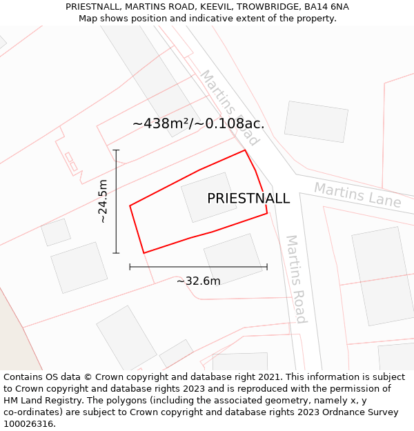 PRIESTNALL, MARTINS ROAD, KEEVIL, TROWBRIDGE, BA14 6NA: Plot and title map