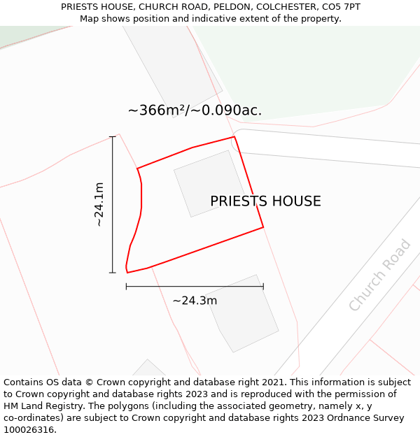 PRIESTS HOUSE, CHURCH ROAD, PELDON, COLCHESTER, CO5 7PT: Plot and title map