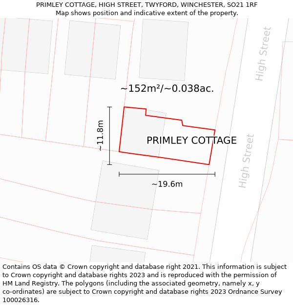 PRIMLEY COTTAGE, HIGH STREET, TWYFORD, WINCHESTER, SO21 1RF: Plot and title map