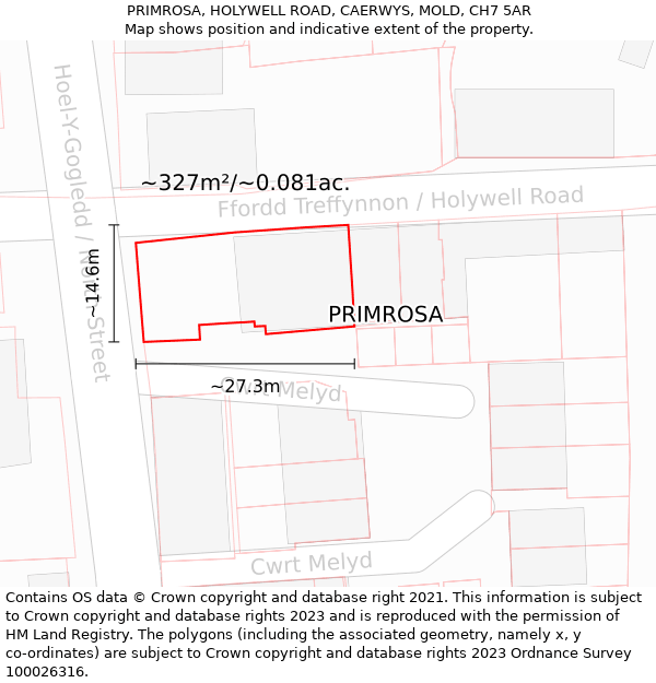 PRIMROSA, HOLYWELL ROAD, CAERWYS, MOLD, CH7 5AR: Plot and title map