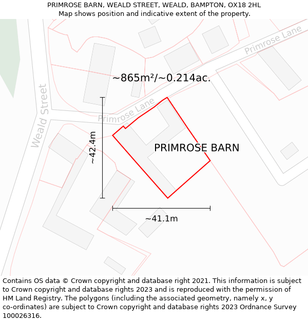 PRIMROSE BARN, WEALD STREET, WEALD, BAMPTON, OX18 2HL: Plot and title map