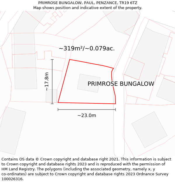 PRIMROSE BUNGALOW, PAUL, PENZANCE, TR19 6TZ: Plot and title map