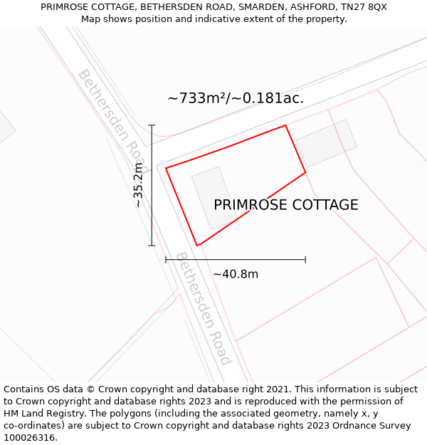 PRIMROSE COTTAGE, BETHERSDEN ROAD, SMARDEN, ASHFORD, TN27 8QX: Plot and title map