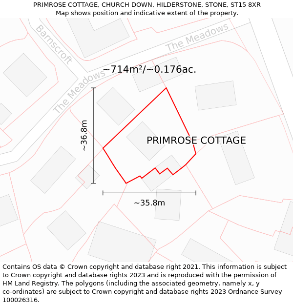 PRIMROSE COTTAGE, CHURCH DOWN, HILDERSTONE, STONE, ST15 8XR: Plot and title map