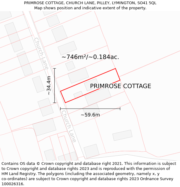 PRIMROSE COTTAGE, CHURCH LANE, PILLEY, LYMINGTON, SO41 5QL: Plot and title map