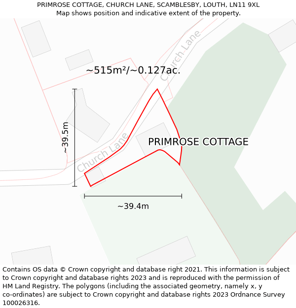 PRIMROSE COTTAGE, CHURCH LANE, SCAMBLESBY, LOUTH, LN11 9XL: Plot and title map