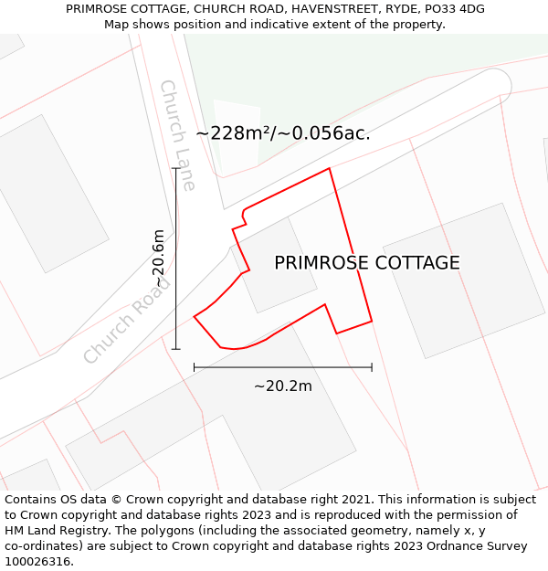 PRIMROSE COTTAGE, CHURCH ROAD, HAVENSTREET, RYDE, PO33 4DG: Plot and title map