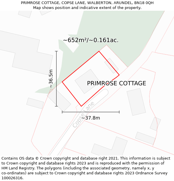 PRIMROSE COTTAGE, COPSE LANE, WALBERTON, ARUNDEL, BN18 0QH: Plot and title map