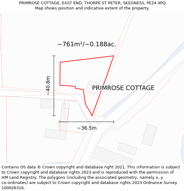PRIMROSE COTTAGE, EAST END, THORPE ST PETER, SKEGNESS, PE24 4PQ: Plot and title map