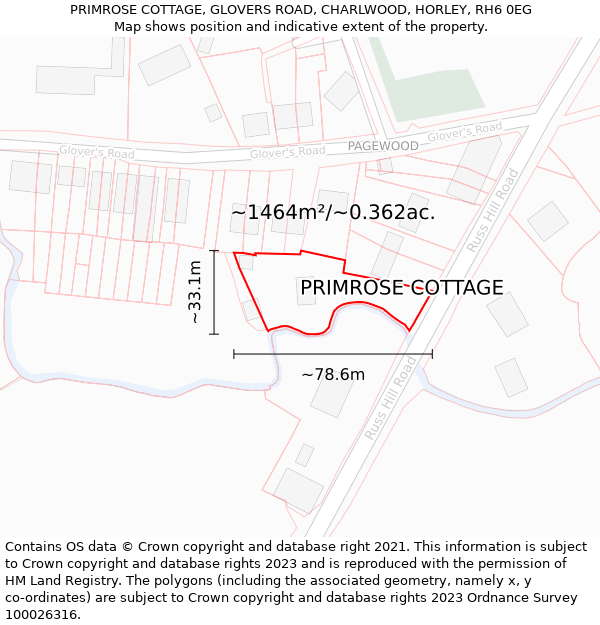 PRIMROSE COTTAGE, GLOVERS ROAD, CHARLWOOD, HORLEY, RH6 0EG: Plot and title map