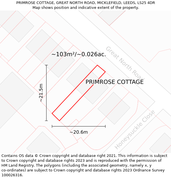 PRIMROSE COTTAGE, GREAT NORTH ROAD, MICKLEFIELD, LEEDS, LS25 4DR: Plot and title map