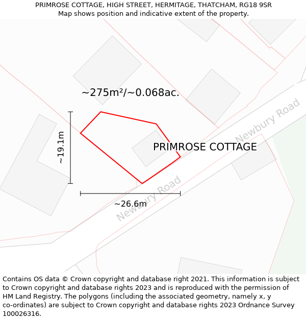 PRIMROSE COTTAGE, HIGH STREET, HERMITAGE, THATCHAM, RG18 9SR: Plot and title map