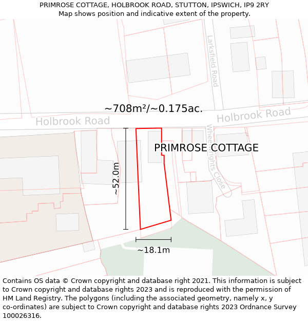 PRIMROSE COTTAGE, HOLBROOK ROAD, STUTTON, IPSWICH, IP9 2RY: Plot and title map