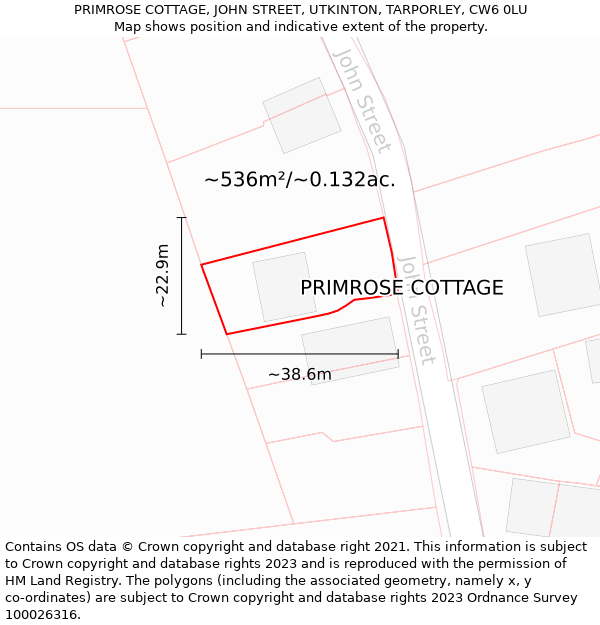 PRIMROSE COTTAGE, JOHN STREET, UTKINTON, TARPORLEY, CW6 0LU: Plot and title map