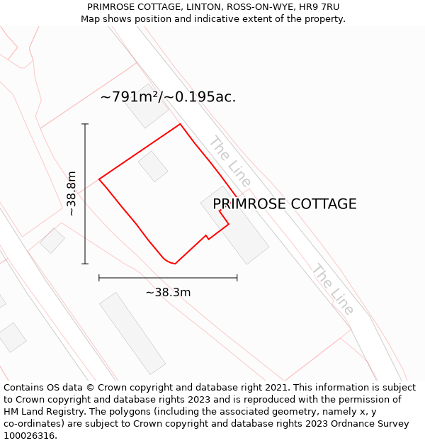 PRIMROSE COTTAGE, LINTON, ROSS-ON-WYE, HR9 7RU: Plot and title map