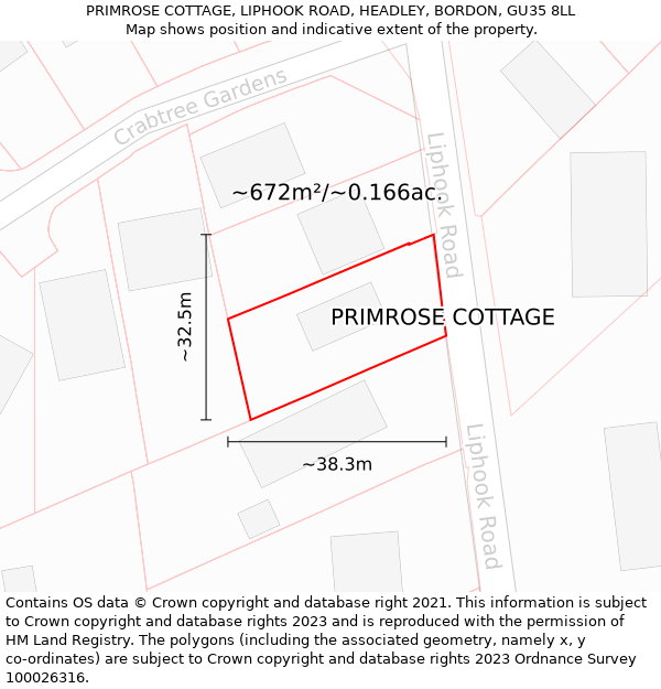 PRIMROSE COTTAGE, LIPHOOK ROAD, HEADLEY, BORDON, GU35 8LL: Plot and title map
