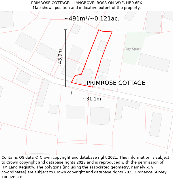 PRIMROSE COTTAGE, LLANGROVE, ROSS-ON-WYE, HR9 6EX: Plot and title map