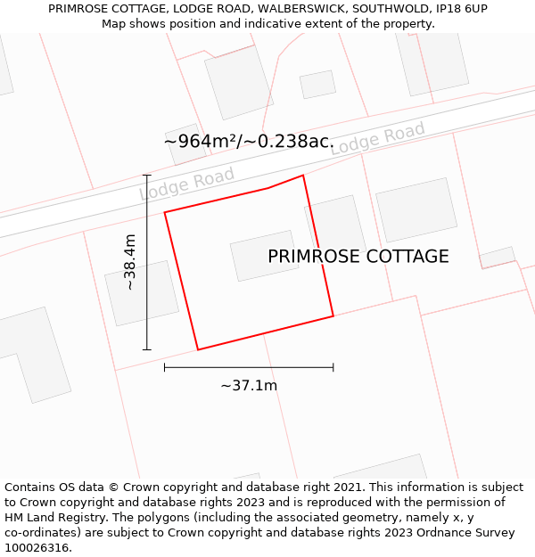 PRIMROSE COTTAGE, LODGE ROAD, WALBERSWICK, SOUTHWOLD, IP18 6UP: Plot and title map