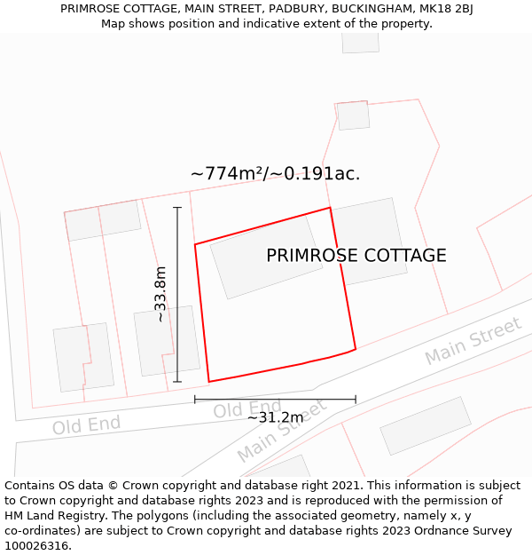 PRIMROSE COTTAGE, MAIN STREET, PADBURY, BUCKINGHAM, MK18 2BJ: Plot and title map
