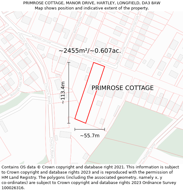 PRIMROSE COTTAGE, MANOR DRIVE, HARTLEY, LONGFIELD, DA3 8AW: Plot and title map