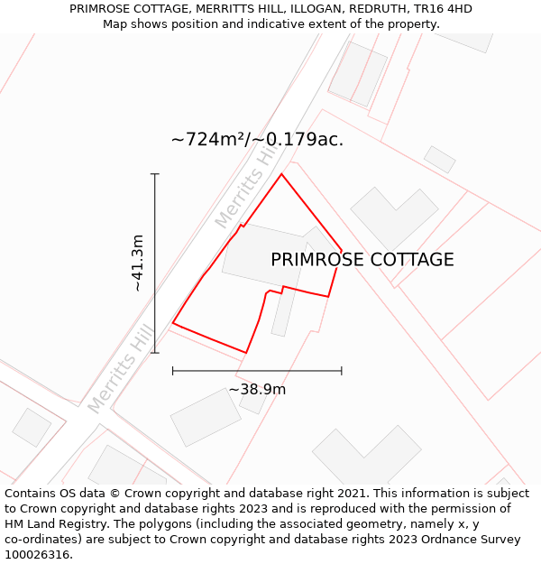 PRIMROSE COTTAGE, MERRITTS HILL, ILLOGAN, REDRUTH, TR16 4HD: Plot and title map
