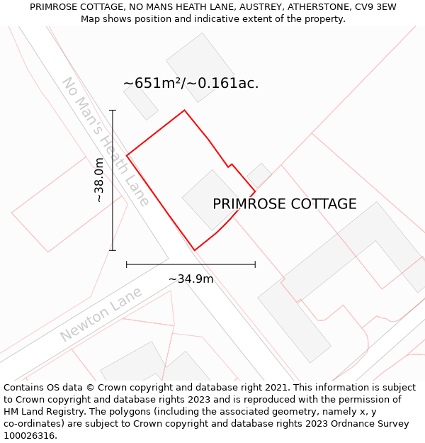 PRIMROSE COTTAGE, NO MANS HEATH LANE, AUSTREY, ATHERSTONE, CV9 3EW: Plot and title map