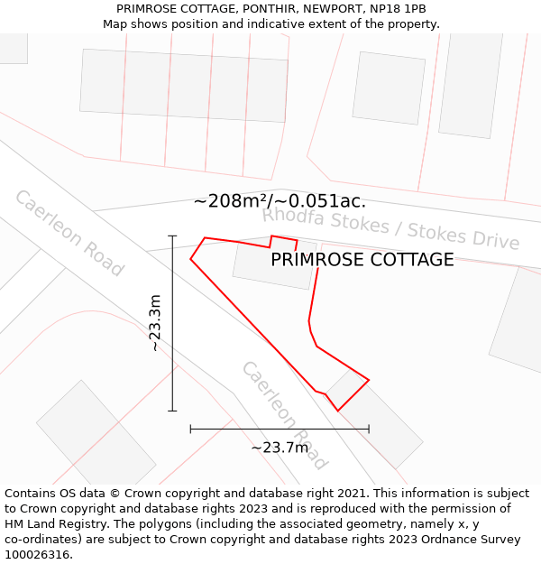 PRIMROSE COTTAGE, PONTHIR, NEWPORT, NP18 1PB: Plot and title map