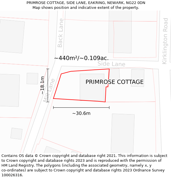 PRIMROSE COTTAGE, SIDE LANE, EAKRING, NEWARK, NG22 0DN: Plot and title map