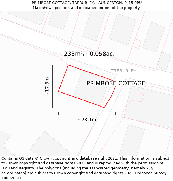 PRIMROSE COTTAGE, TREBURLEY, LAUNCESTON, PL15 9PU: Plot and title map