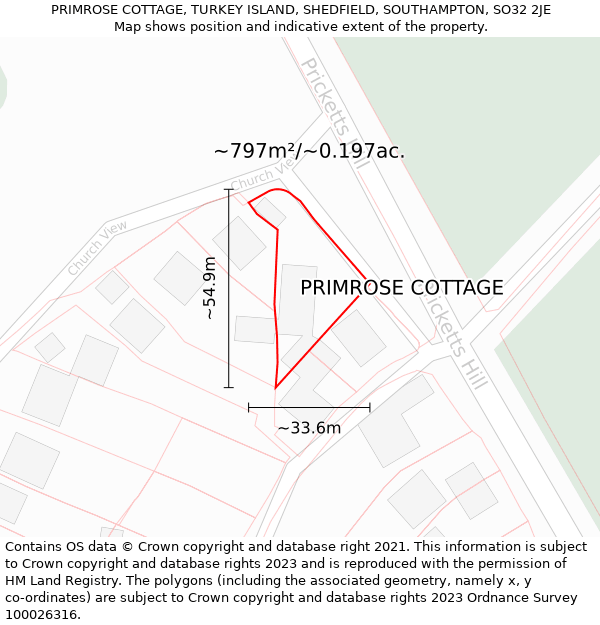 PRIMROSE COTTAGE, TURKEY ISLAND, SHEDFIELD, SOUTHAMPTON, SO32 2JE: Plot and title map