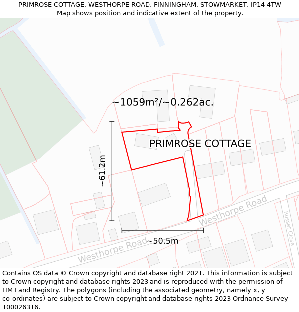 PRIMROSE COTTAGE, WESTHORPE ROAD, FINNINGHAM, STOWMARKET, IP14 4TW: Plot and title map