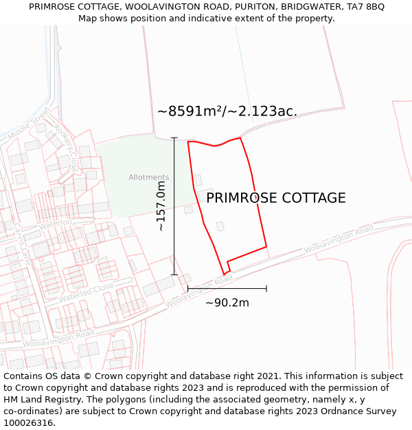 PRIMROSE COTTAGE, WOOLAVINGTON ROAD, PURITON, BRIDGWATER, TA7 8BQ: Plot and title map