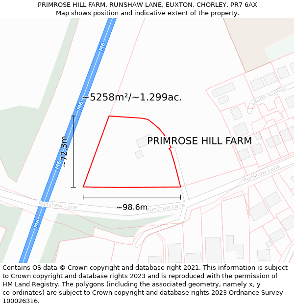 PRIMROSE HILL FARM, RUNSHAW LANE, EUXTON, CHORLEY, PR7 6AX: Plot and title map